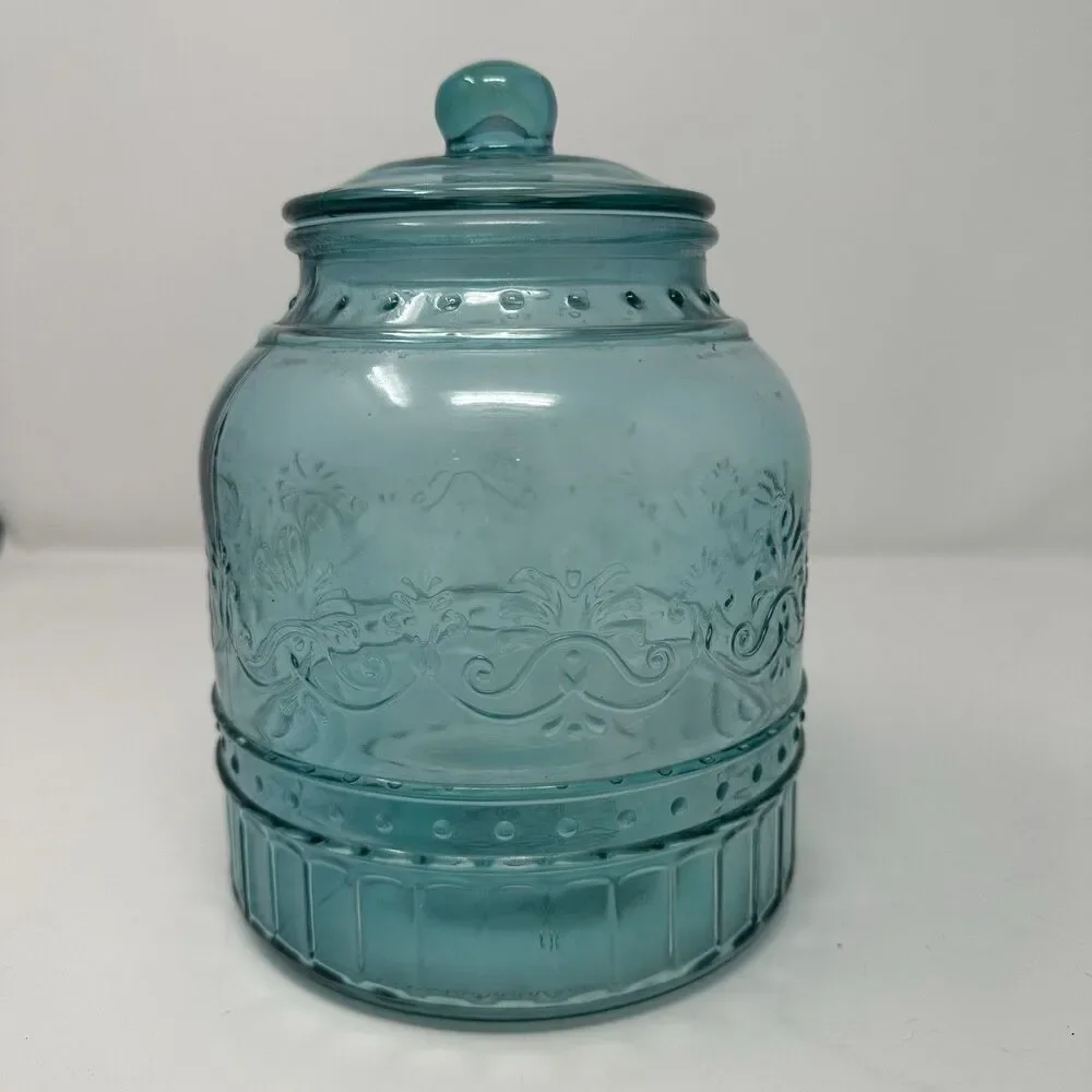 The Pioneer Woman Cassie Teal Embossed Glass Canister 3-Piece Set READ